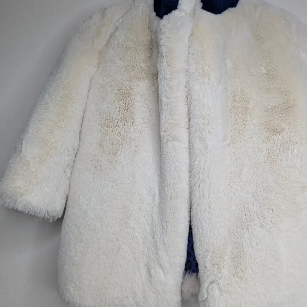 COMMAMME Faux Fur Coat Medium M Navy Blue Cream Glam Mob Wife Luxury Jacket